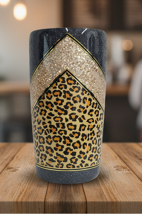 Leopard Print Black and Gold Stainless-Steel Glitter Tumbler
