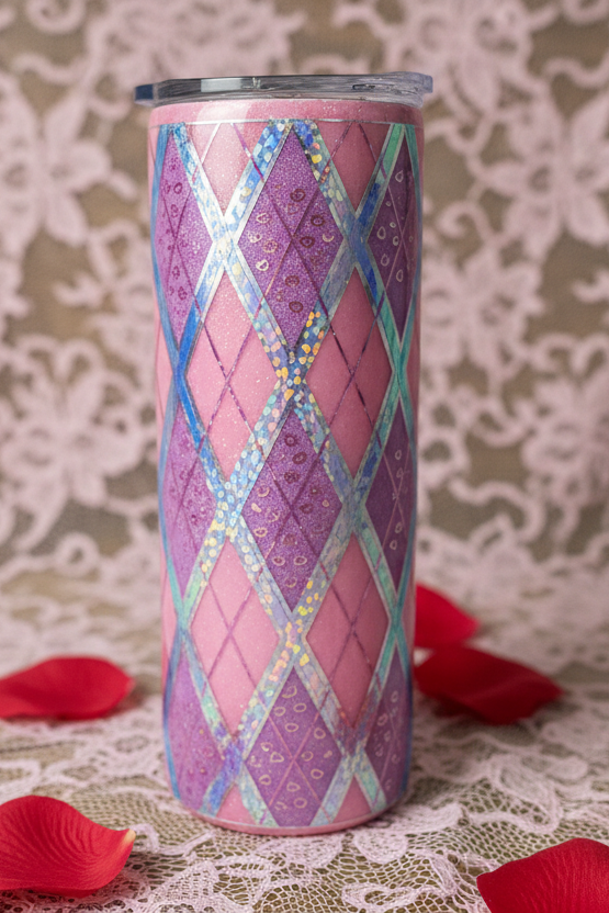 Pink and Purple Argyle 20-ounce Glitter Tumbler