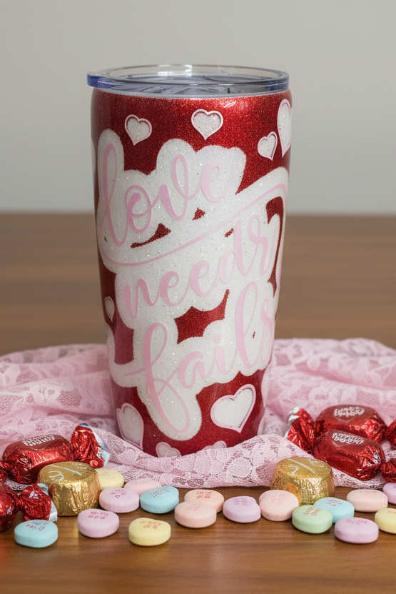 Red and White "Love Never Fails" 20-ounce Glitter Tumbler