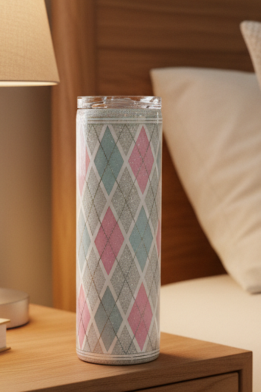 Pink, Blue and White Argyle UV Colorchanging 20-ounce Glitter Tumbler