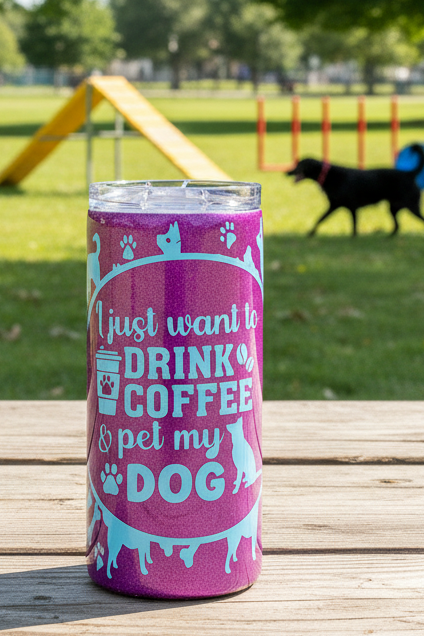 I Just Want Coffee and to Pet My Dog 15-ounce Glitter Tumbler