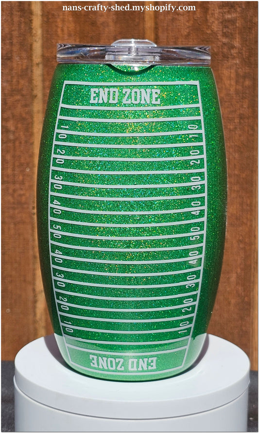 Barrel shaped Footbal Cup with iridescent green glitter