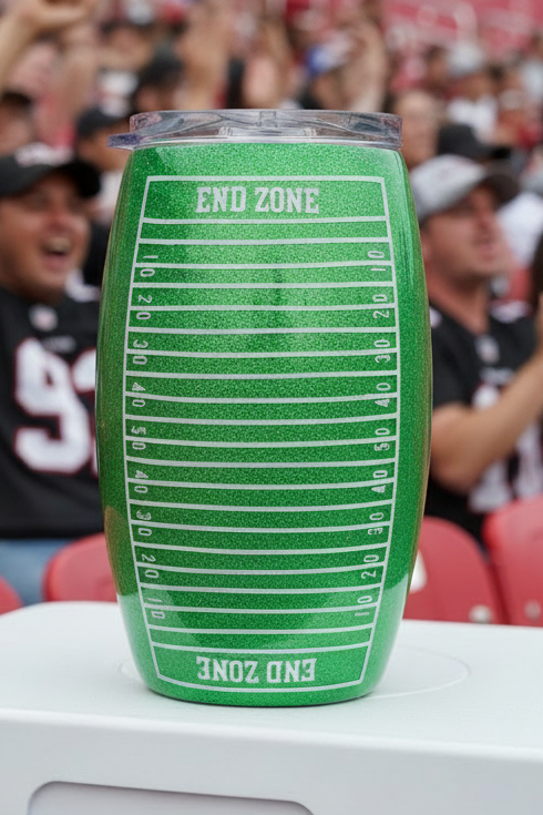 Barrel shaped Footbal Cup with iridescent green glitter