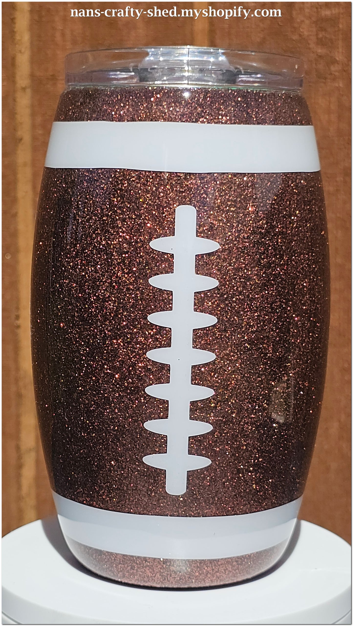 Barrel shaped Footbal Cup with iridescent green glitter