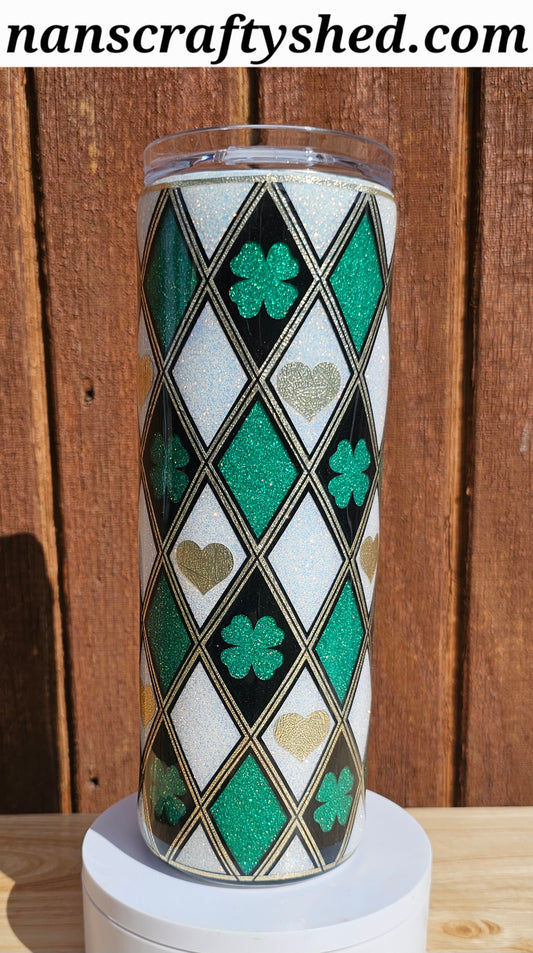 White, green and Black Argyle 20-ounce tumbler