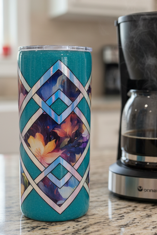 Diamond Waves Floral and Aqua 20-ounce Thick Tumbler