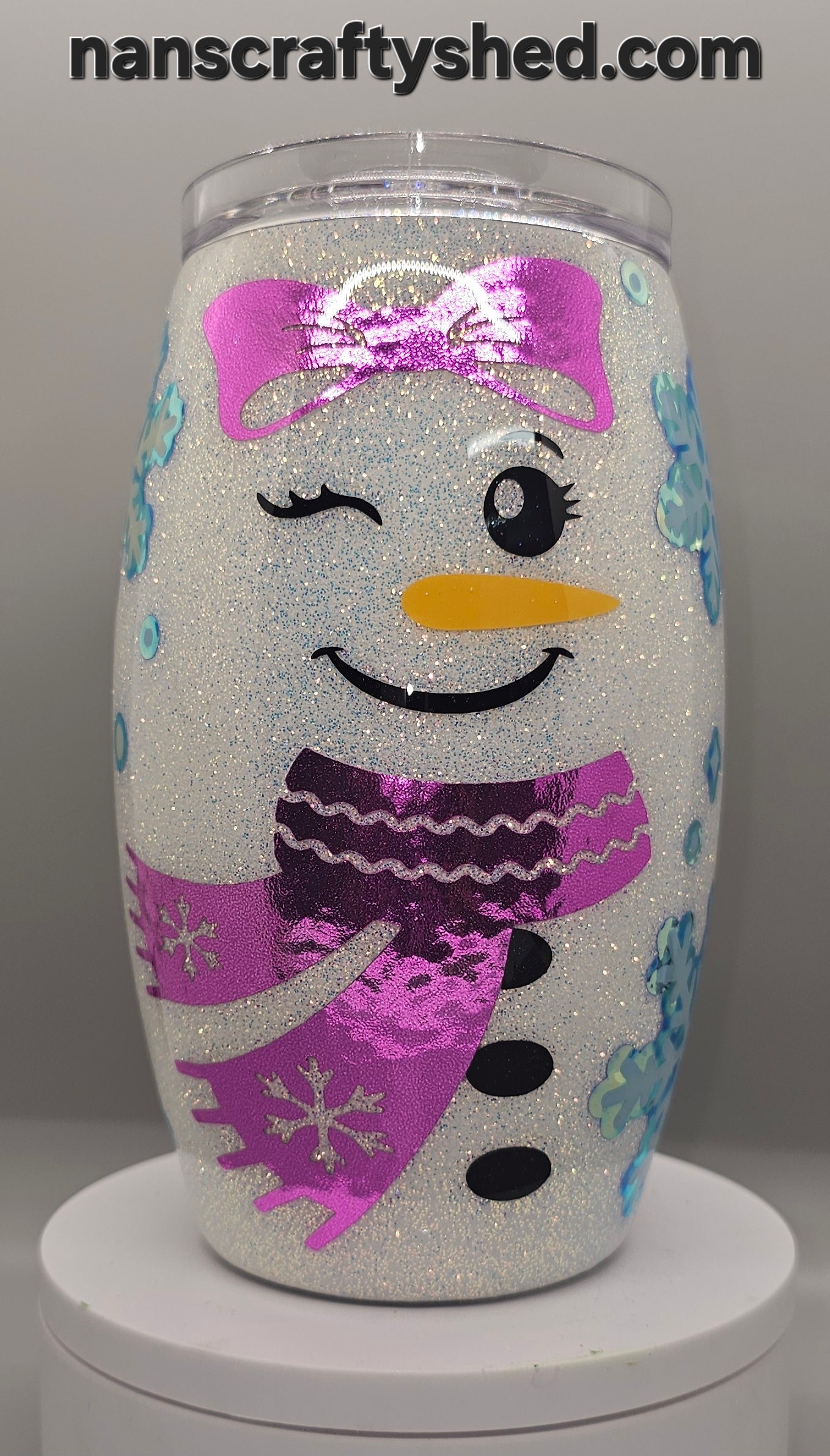 15-ounce Sparkly Snowman with Pink Scarf and Bow