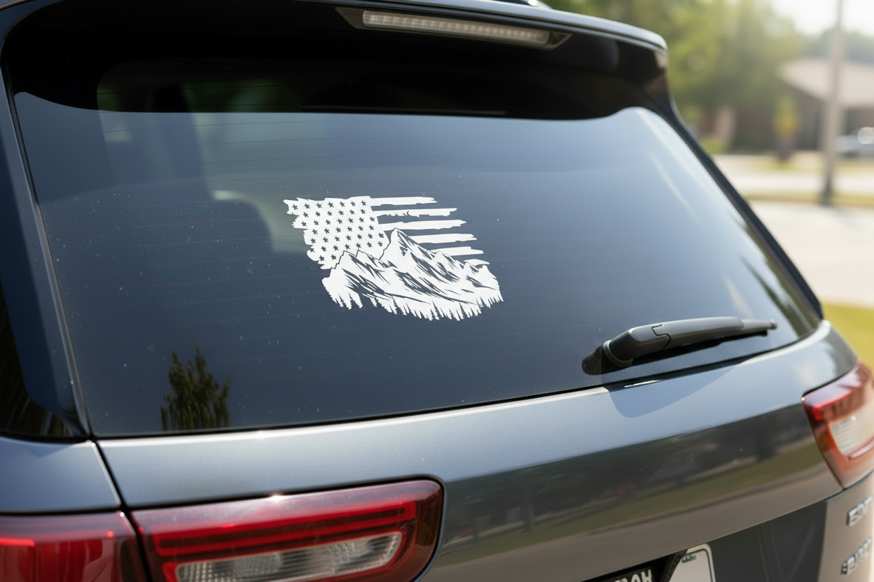 Distressed American Flag with Mountains Decal