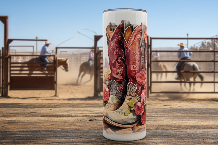 Pink Cowgirl Boots with Flowers Tumbler