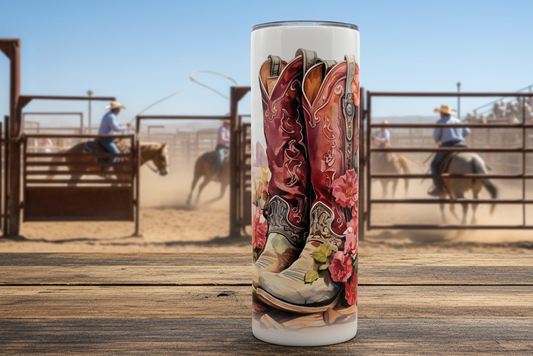 Pink Cowgirl Boots with Flowers Tumbler