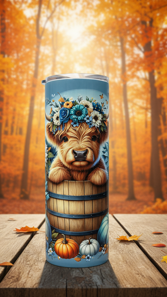 Blue Flowers Fall Highland Cow 20oz Tumbler