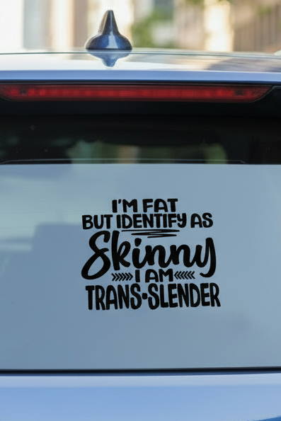 Blue car with a humorous text decal on the back window.