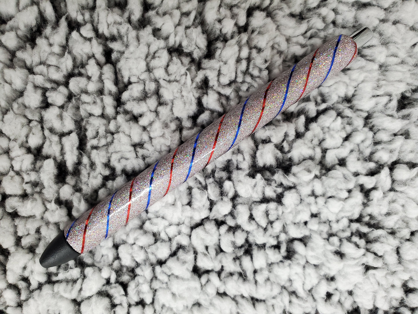 Silver, Blue and Red Striped Glitter Pen - Refillable gel