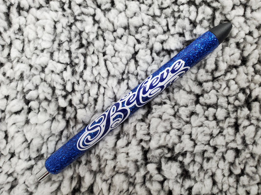 Blue "Believe" Glitter Pen - Refillable gel