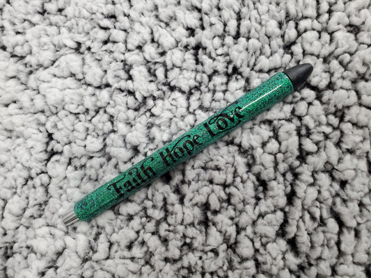 Green "Faith, Love, Hope" Glitter Pen - Refillable gel.