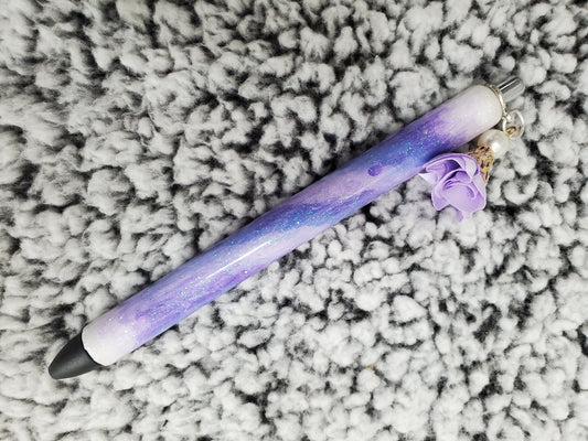 Hand Painted Purple and Blue Glitter Pen with Flower Charm