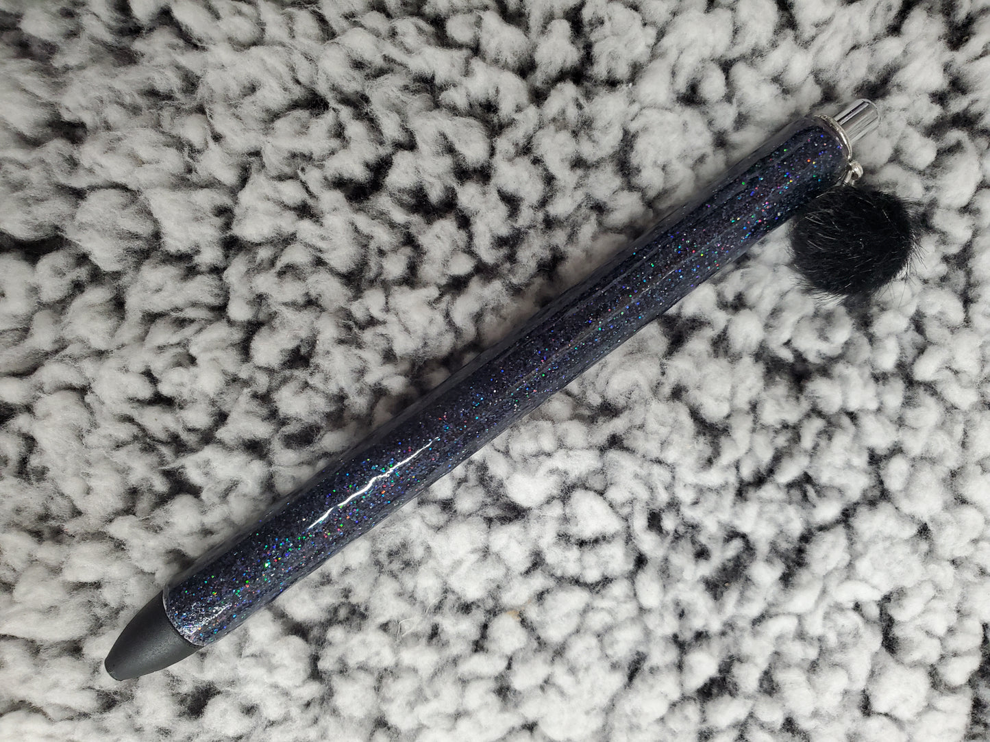 Black Glitter Pen with Fuzzy Ball Charm - Refillable gel