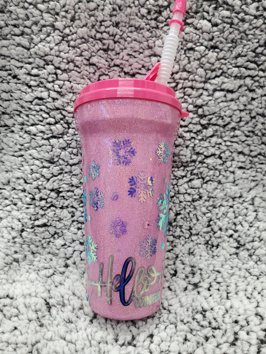 Pink Hello Winter Glitter Tumbler