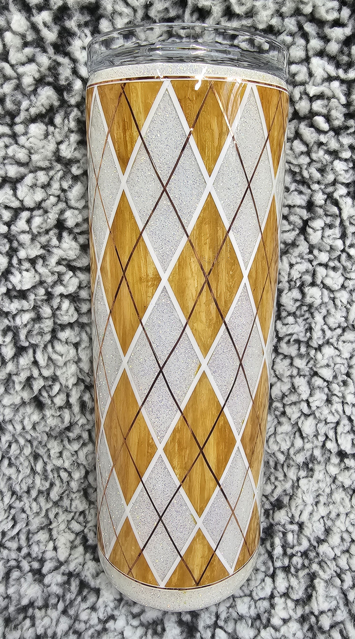 White and Woodgrain Argyle Glitter Tumbler