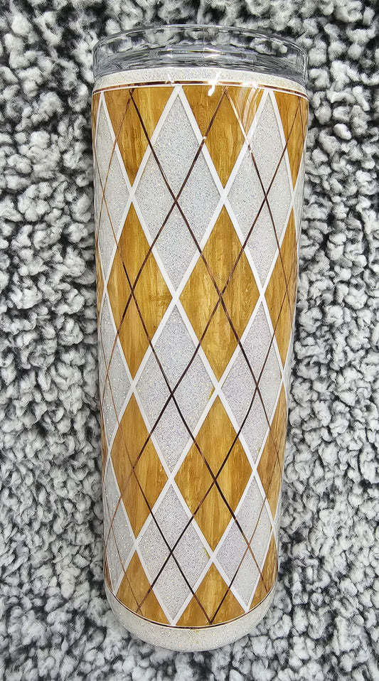 White and Woodgrain Argyle Glitter Tumbler